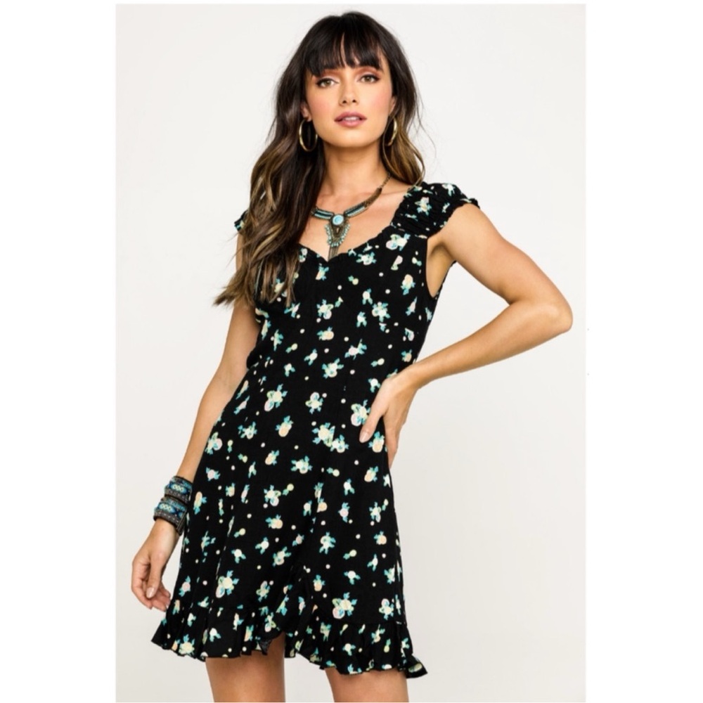 Free People Black Lemon Print Like A Lady ViscoseLinen Ruffle Bottom Dress Large
